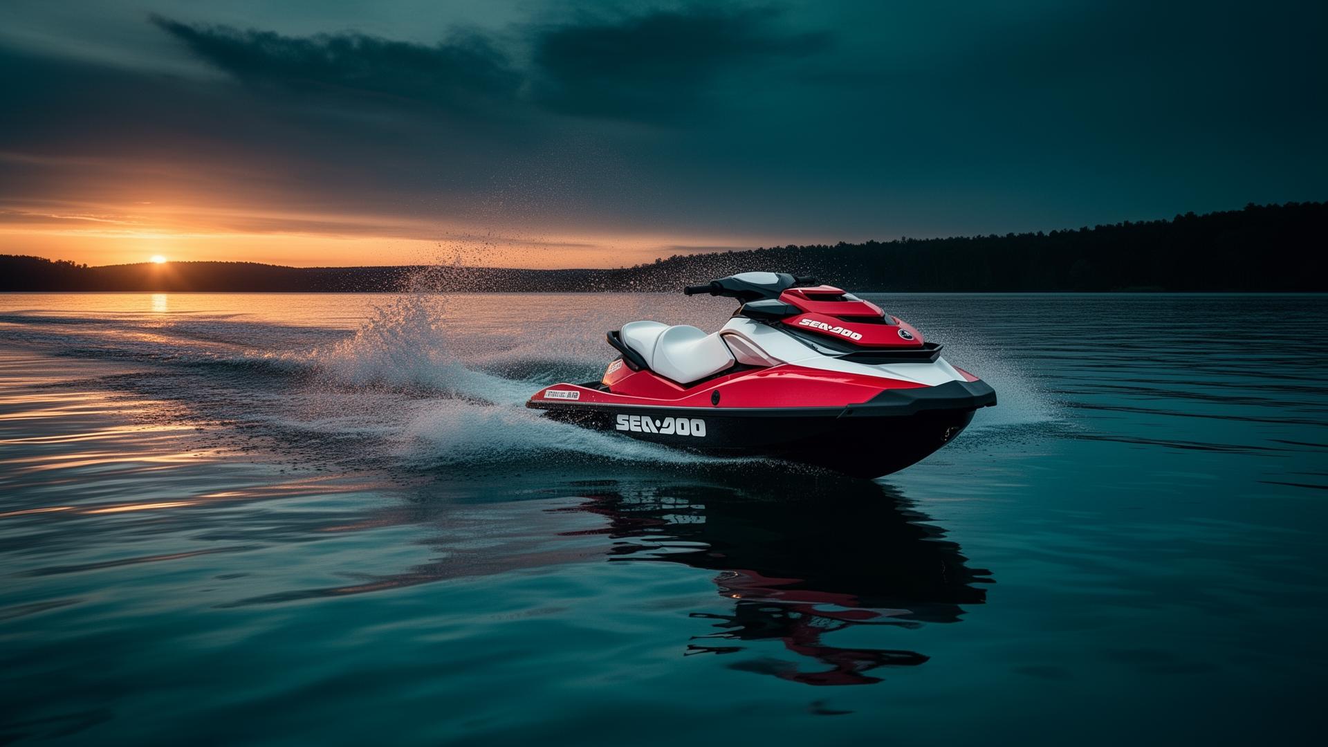 Jet ski carving on Lake St. Clair at sunset